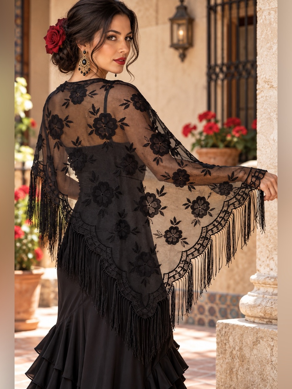 Vintage Black Floral Lace Piano Shawl Spanish Mantilla Fringe Wrap